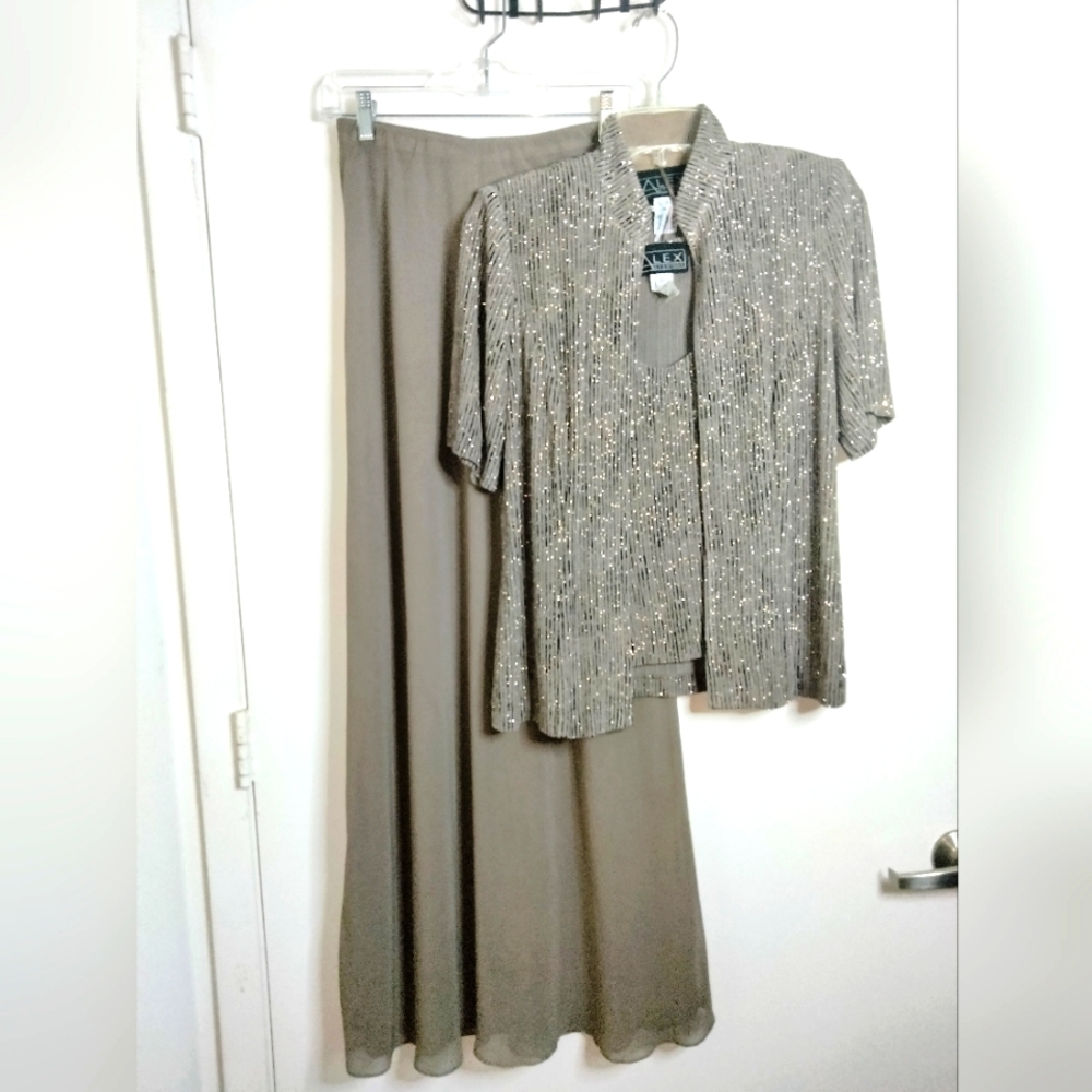 Alex Evenings (Sz S) Vintage Tan & Black Sparkle (3PC) Tank & Cardigan Skirt Set